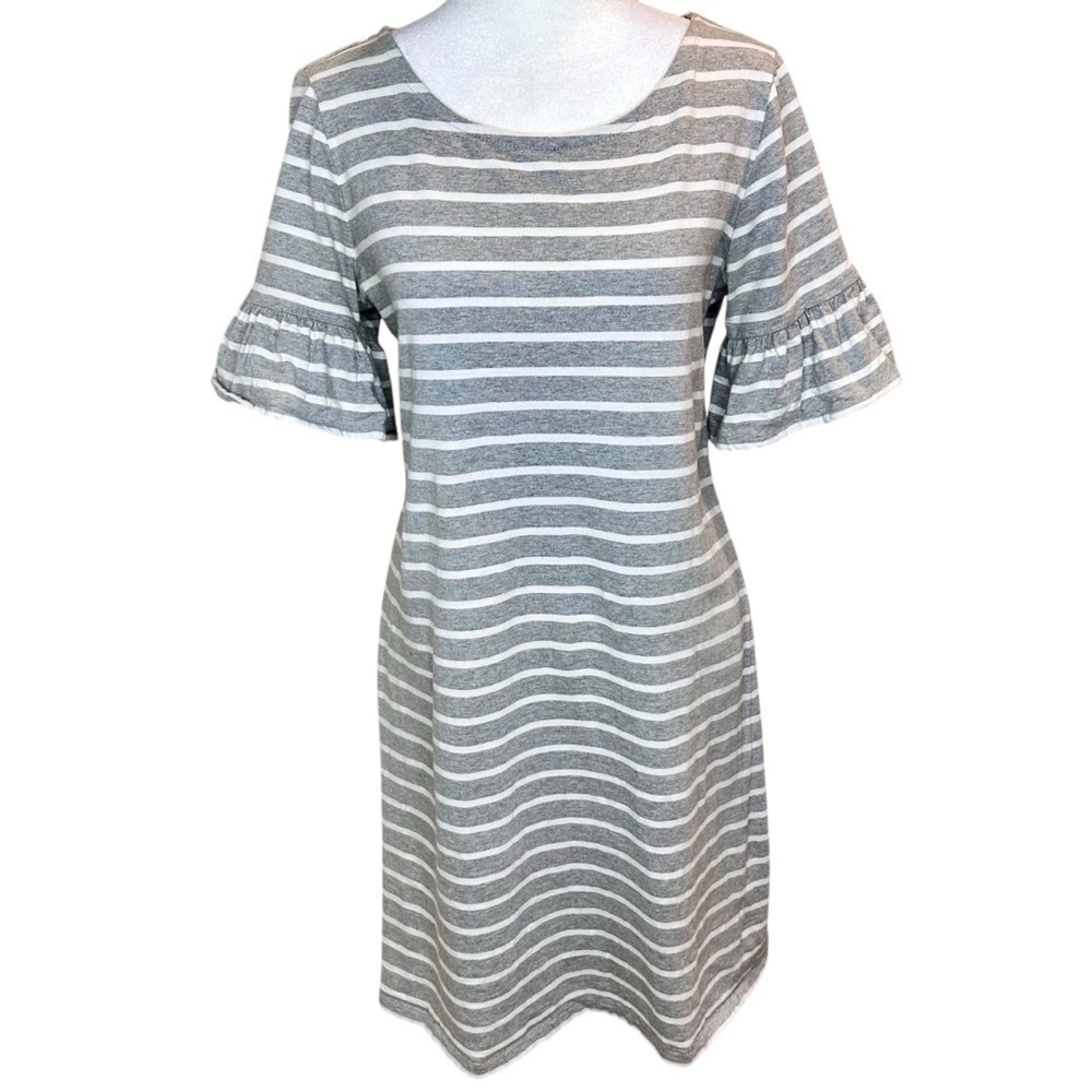 J Crew Factory Gray and White Stripe Ruffle Sleeve Dress Size S